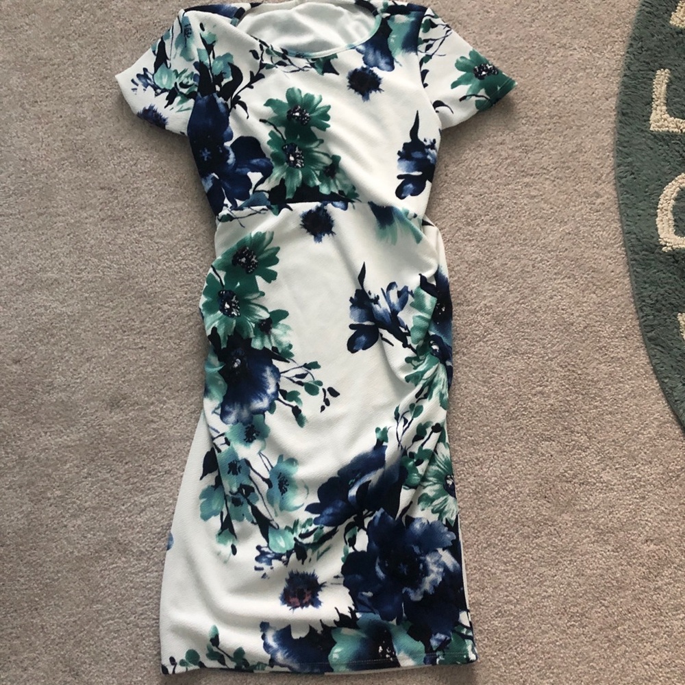 Pink blush maternity dress blue floral
